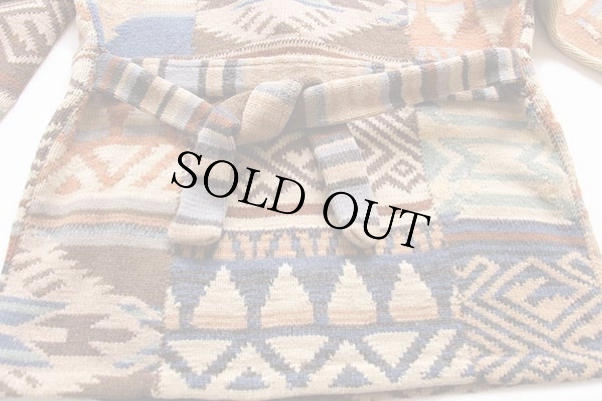 画像6: 00s LAUREN ラルフローレン ネイティブ柄 パッチワーク ショールカラー ウール ハンドニット ガウン M★カーディガン (6)