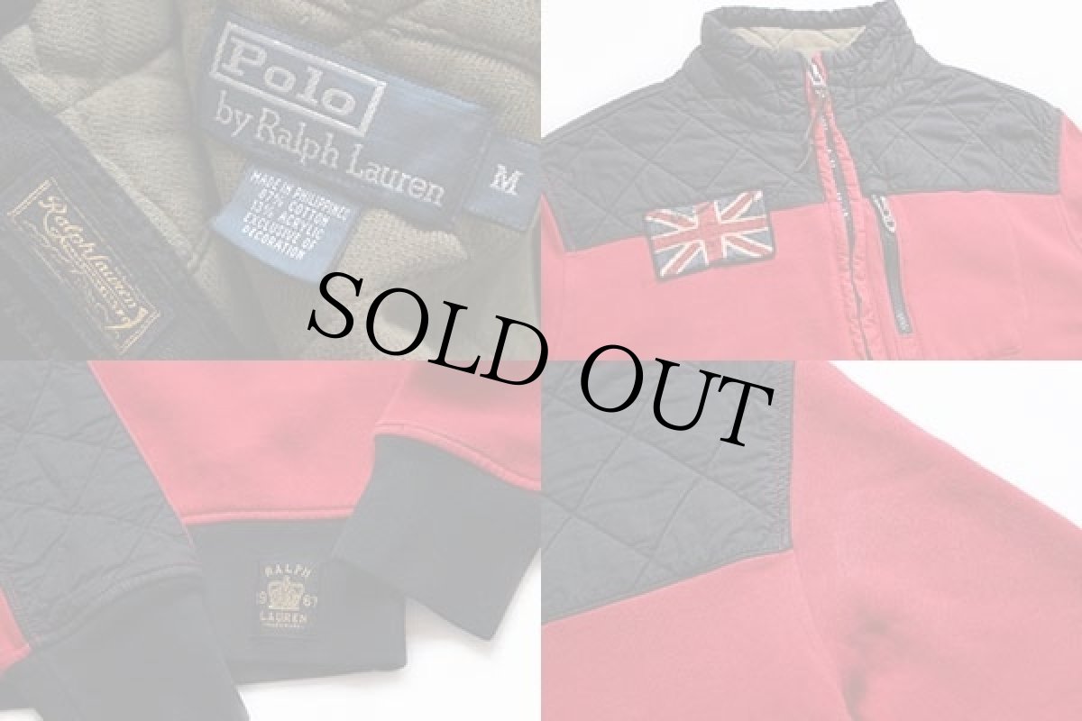 画像3: ポロ ラルフローレン ツートン キルティング 切り替え ユニオンジャック パッチ付き ハイネック ハーフジップ スウェット 赤×黒 M (3)