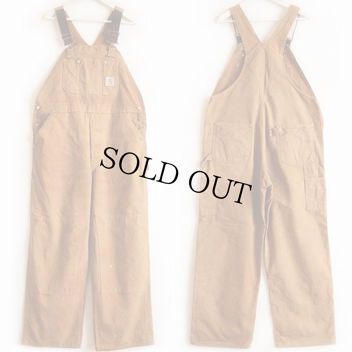 画像2: 90s USA製 carharttカーハート ダック地 ダブルニー オーバーオール 茶 w40 L30 (2)