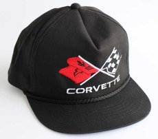 画像1: デッドストック★90s CORVETTE コルベット チェッカーフラッグ 刺繍 コットンキャップ 黒 (1)