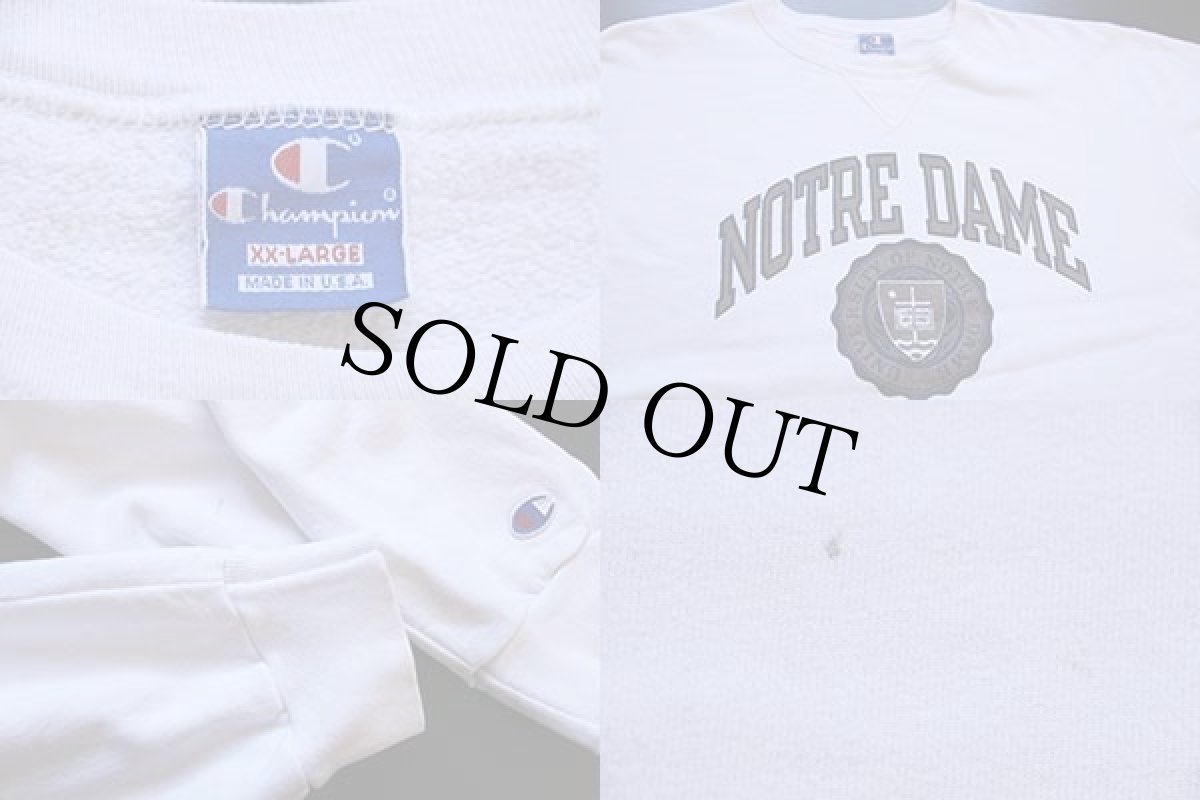 画像3: 90s USA製 Championチャンピオン NOTRE DAME 染み込みプリント 前V スウェット 白 XXL (3)