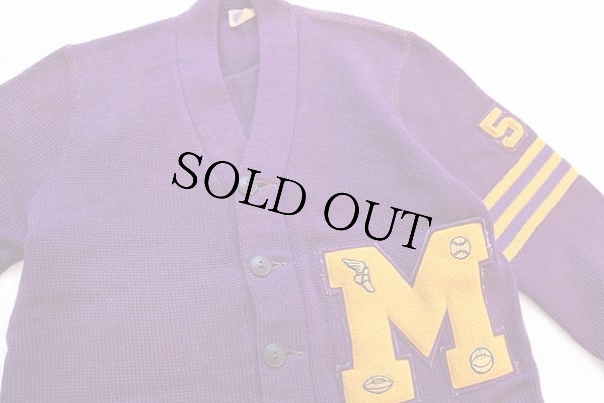 画像3: 50s NELSON KNITTING パッチ付き ウールニット レタードカーディガン 紫 フェード (3)