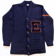 画像1: 40s NELSON KNITTING パッチ付き ローゲージ ウールニット レタードカーディガン 紺 (1)