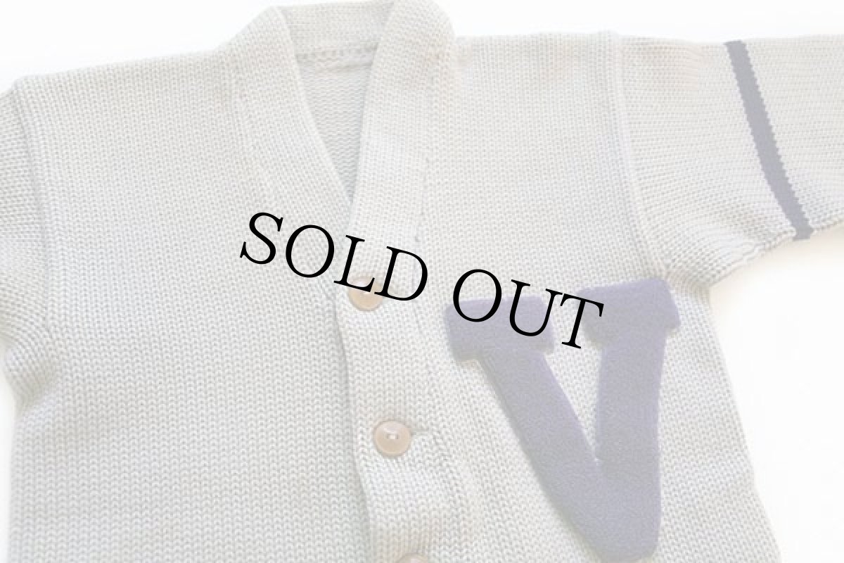 画像3: 40s UNKNOWN パッチ付き ローゲージ ウールニット レタードカーディガン ボロ グレー (3)