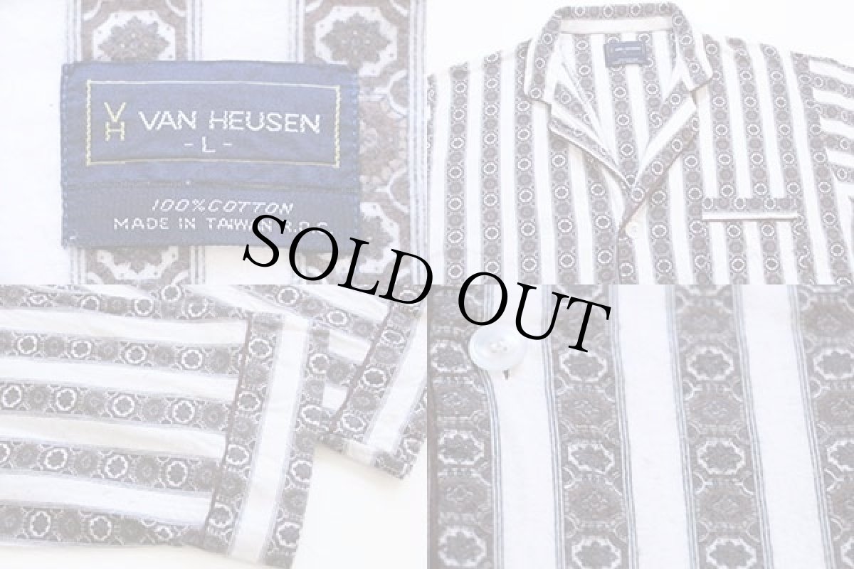 画像3: 80s VAN HEUSEN 小紋柄 ストライプ コットン プリントネル パジャマ シャツ&パンツ セット L (3)