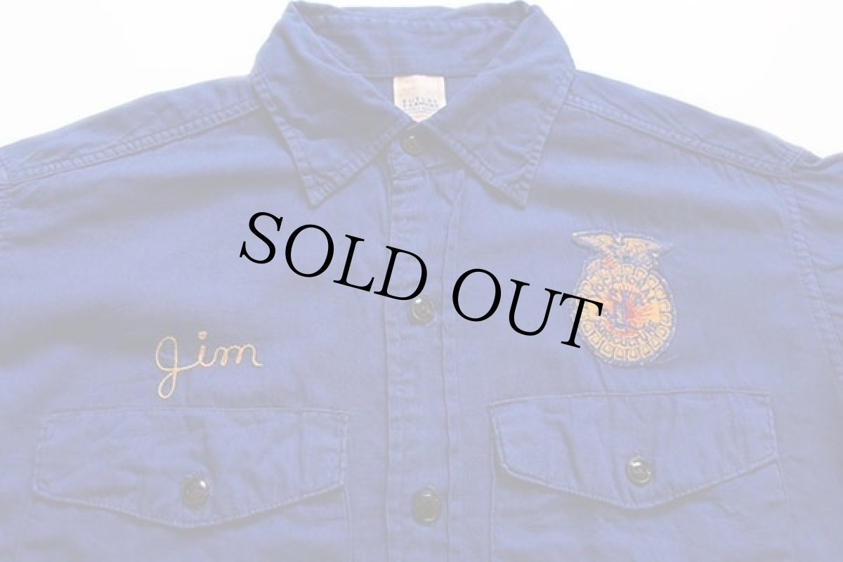 画像3: 50s FFA FUTURE FARMERS チェーン刺繍&パッチ&マチ付き コットンポプリン ワークシャツ 青 (3)