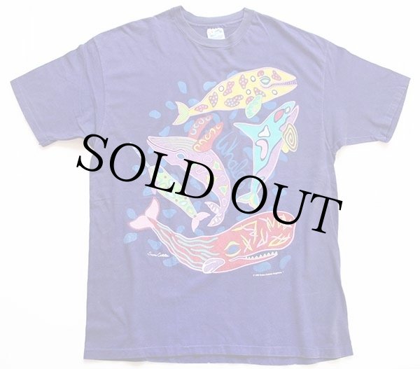 90s USA製 Hanes Susan Costello クジラ アート コットンTシャツ 青紫