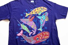 画像1: 90s USA製 Hanes Susan Costello クジラ アート コットンTシャツ 青紫 XL (1)