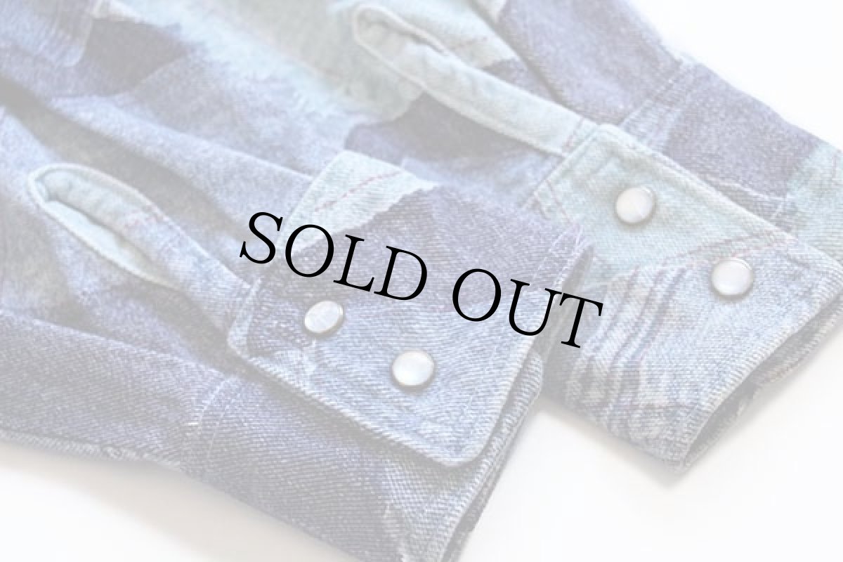 画像4: 70s ハンドメイド デニム パッチワーク柄 コットン ウエスタンシャツ (4)