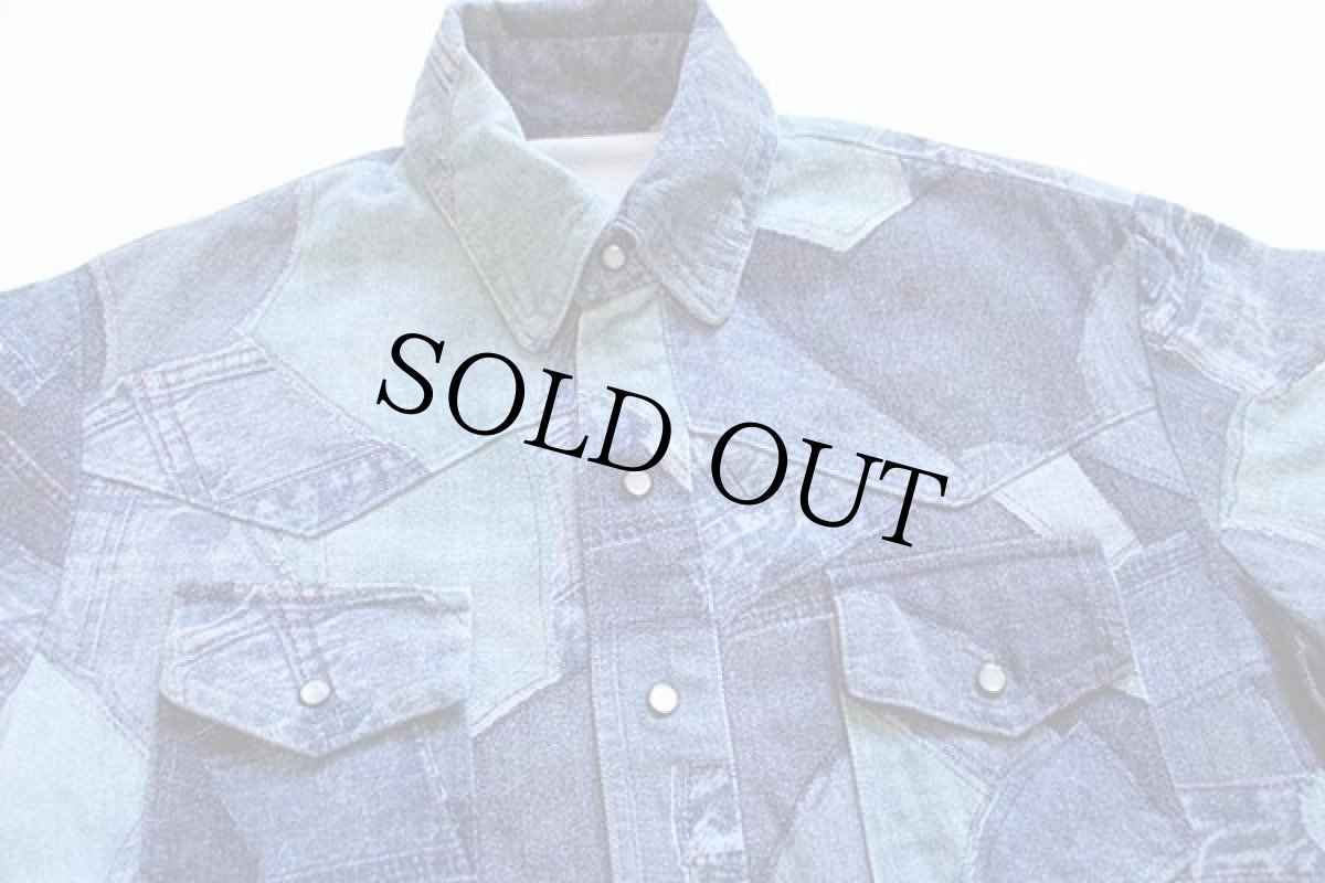 画像3: 70s ハンドメイド デニム パッチワーク柄 コットン ウエスタンシャツ (3)