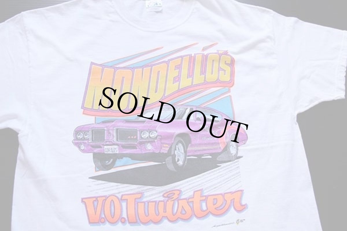 画像1: 00s Hanes MONDELLO'S V.O.Twister OLDSMOBILE 442 両面 蛍光プリント コットンTシャツ 白 XL (1)