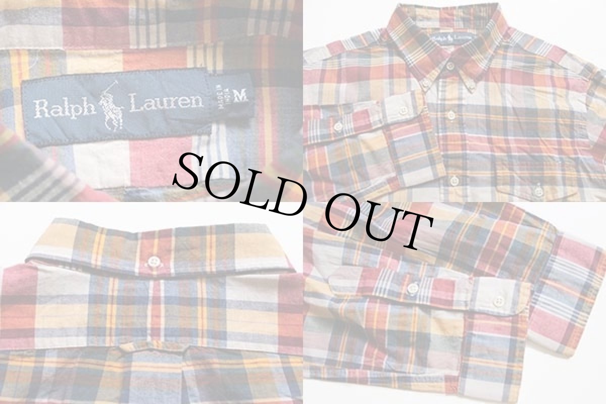 画像3: ラルフローレン マドラスチェック マチ付き 三点留め ボタンダウン コットンシャツ M (3)