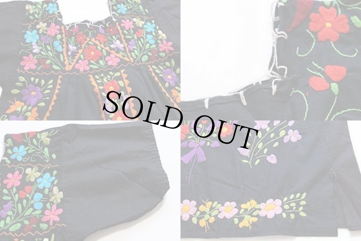 画像3: メキシコ 花柄刺繍 マキシ丈 チュニック ワンピース 黒 (3)