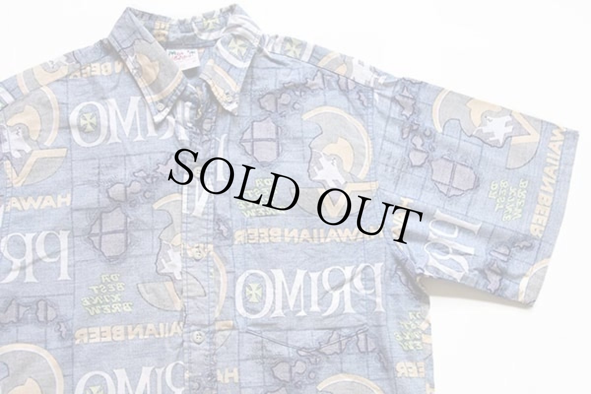 画像3: 80s USA製 GO BaReFOOT PRIMO HAWAIIAN BEER 総柄 裏生地 三点留め ボタンダウン コットン アロハシャツ M (3)