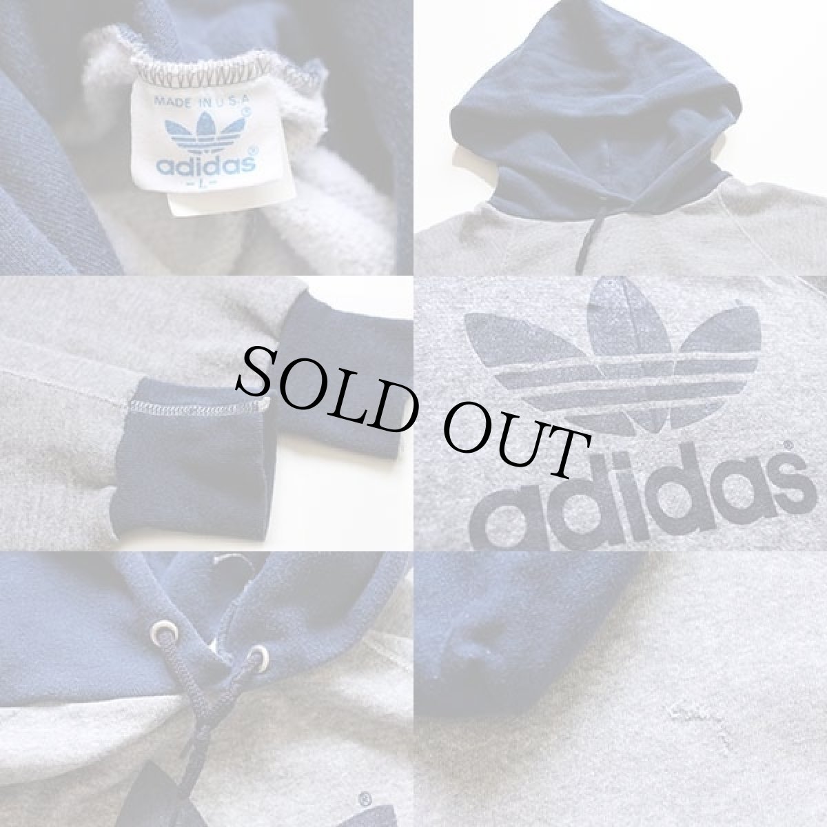 画像3: 80s USA製 adidasアディダス トレフォイル ビッグロゴ ツートン スウェットパーカー 杢グレー×紺 L★B (3)