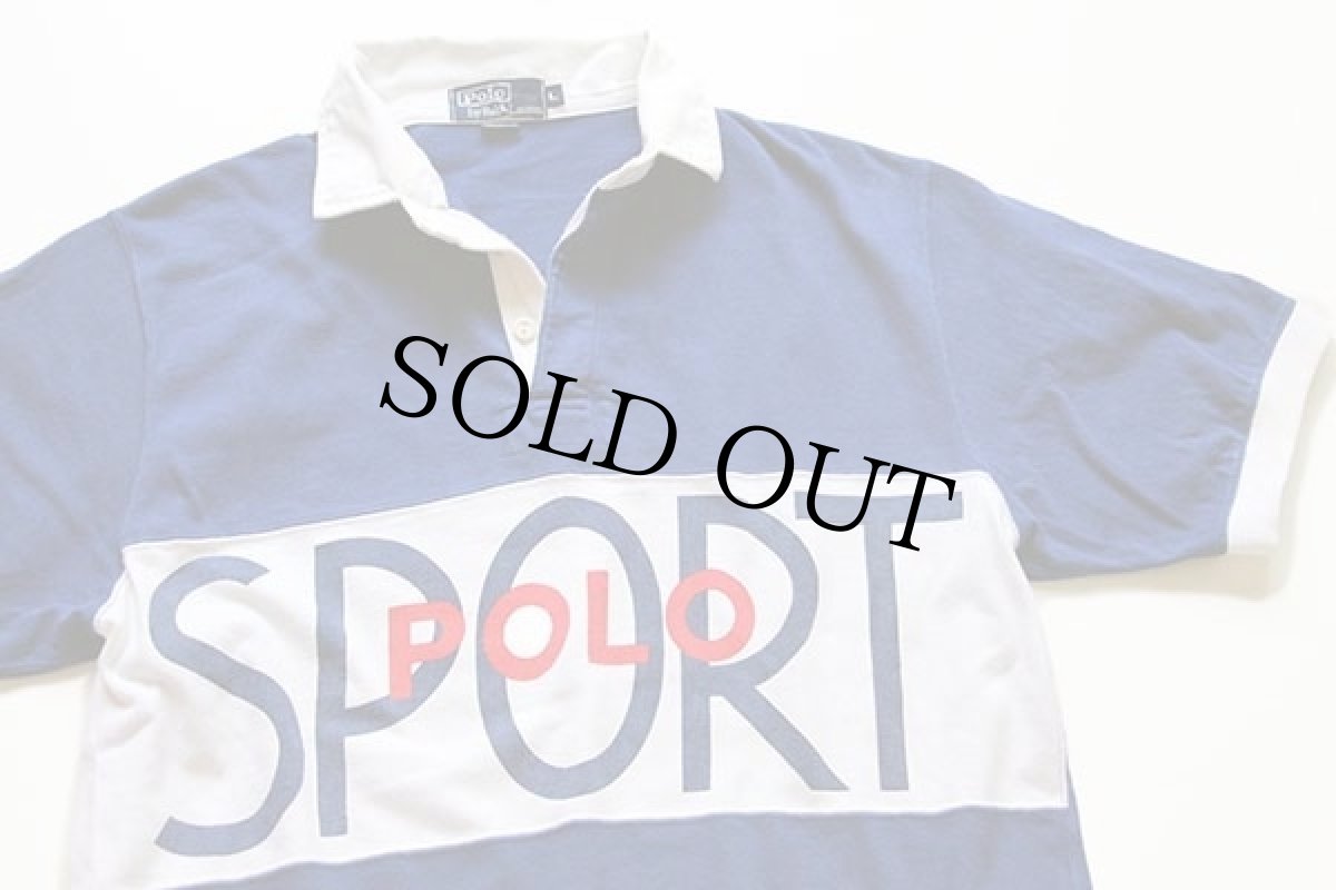 画像3: 90s POLO SPORTポロ スポーツ ラルフローレン ロゴ 染み込みプリント 半袖 コットン ラガーシャツ 青×白×赤 L (3)