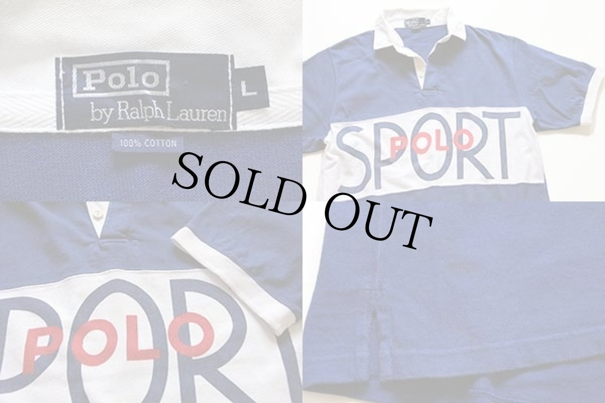 画像4: 90s POLO SPORTポロ スポーツ ラルフローレン ロゴ 染み込みプリント 半袖 コットン ラガーシャツ 青×白×赤 L (4)