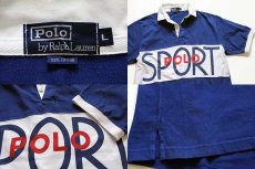 画像4: 90s POLO SPORTポロ スポーツ ラルフローレン ロゴ 染み込みプリント 半袖 コットン ラガーシャツ 青×白×赤 L (4)