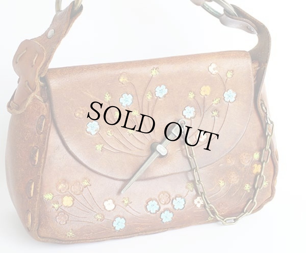 画像2: 70s 花柄 カービング ペイント レザー ショルダーバッグ 茶 (2)