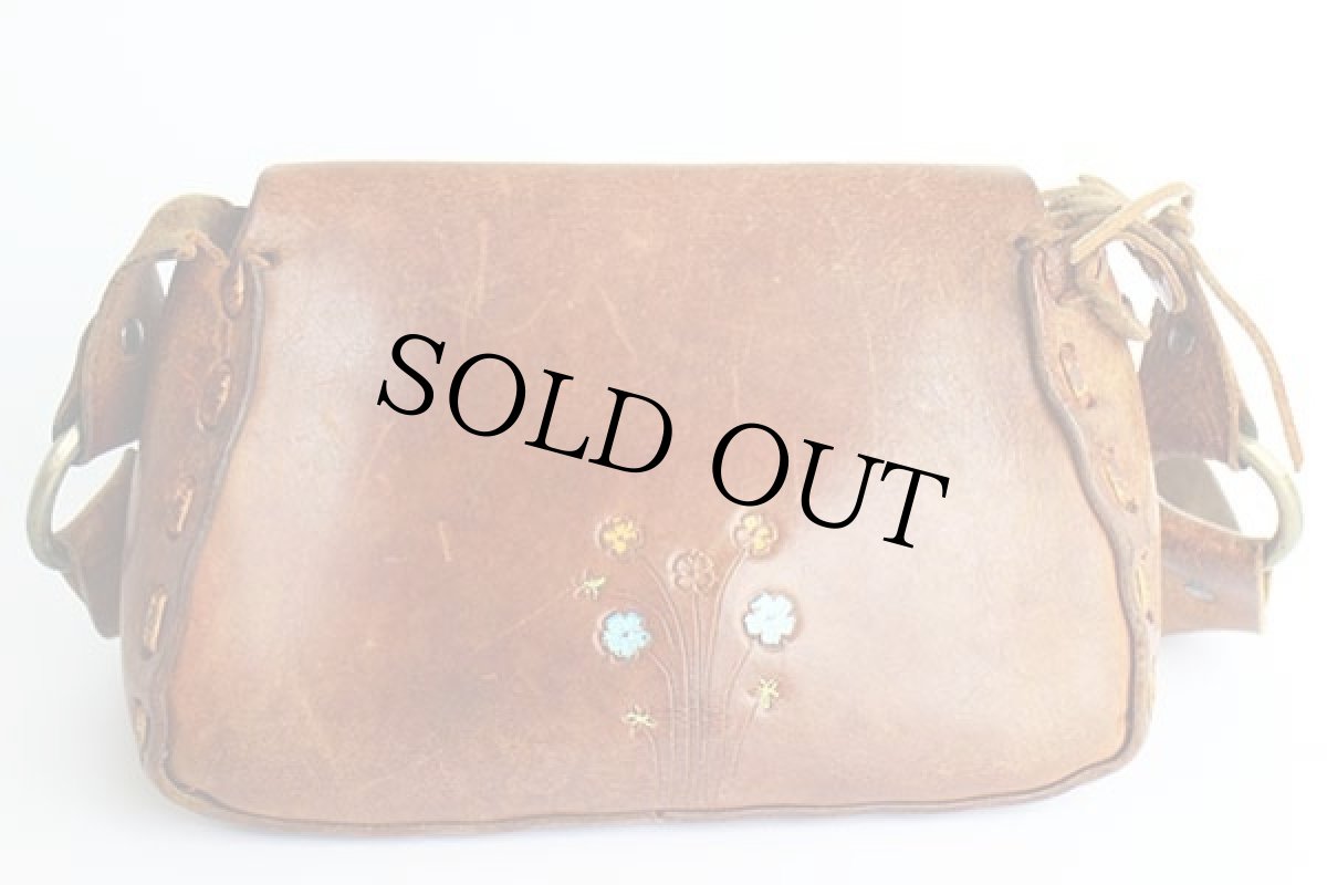 画像3: 70s 花柄 カービング ペイント レザー ショルダーバッグ 茶 (3)