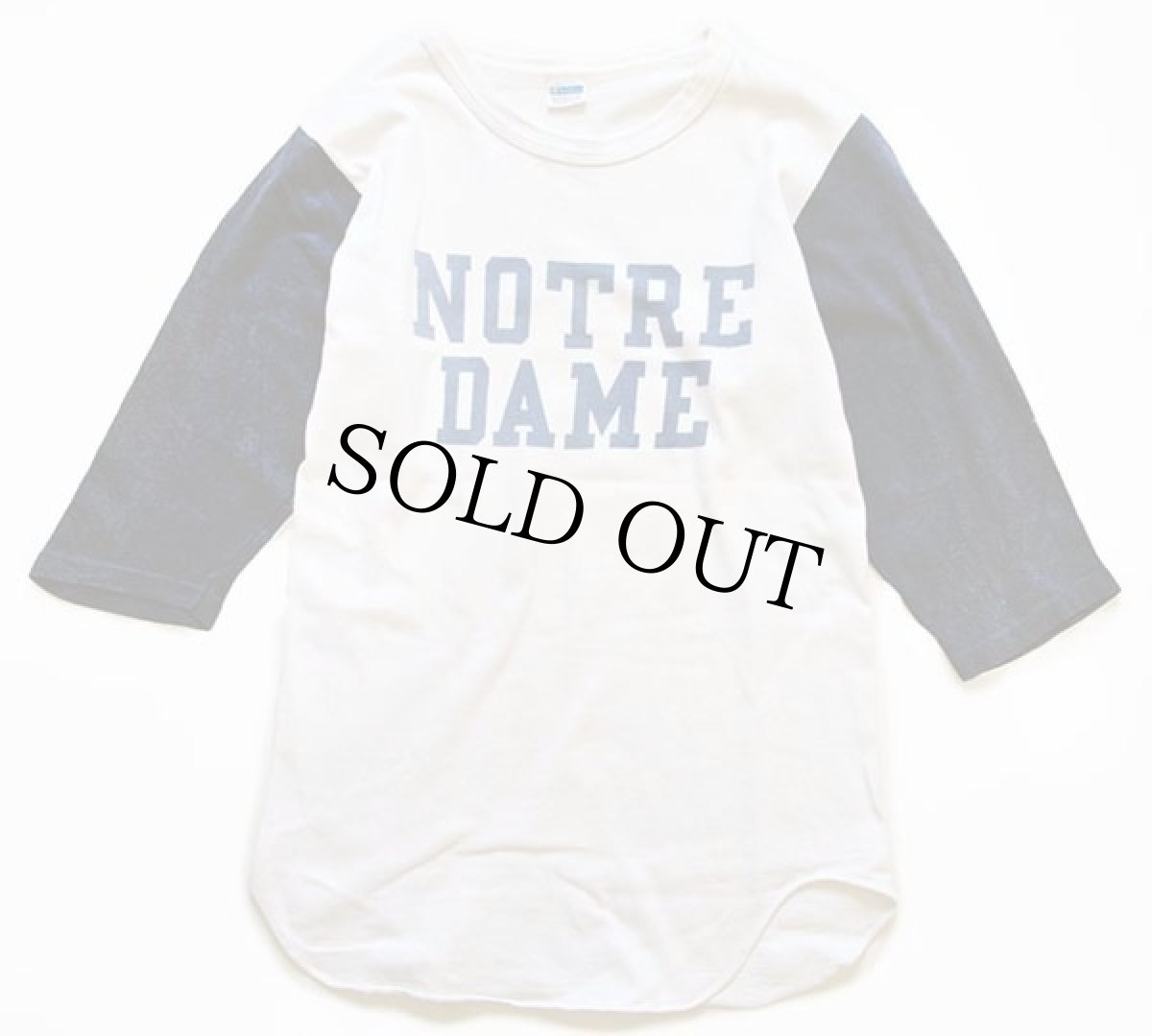 画像1: 70s USA製 Championチャンピオン NOTRE DAME 染み込みプリント 七分袖 コットンTシャツ 白×紺 M (1)