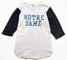 画像1: 70s USA製 Championチャンピオン NOTRE DAME 染み込みプリント 七分袖 コットンTシャツ 白×紺 M (1)