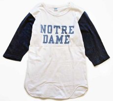 画像1: 70s USA製 Championチャンピオン NOTRE DAME 染み込みプリント コットン 七分袖Tシャツ 白×紺 M (1)