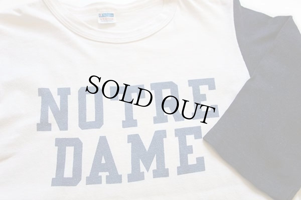 画像3: 70s USA製 Championチャンピオン NOTRE DAME 染み込みプリント 七分袖 コットンTシャツ 白×紺 M (3)