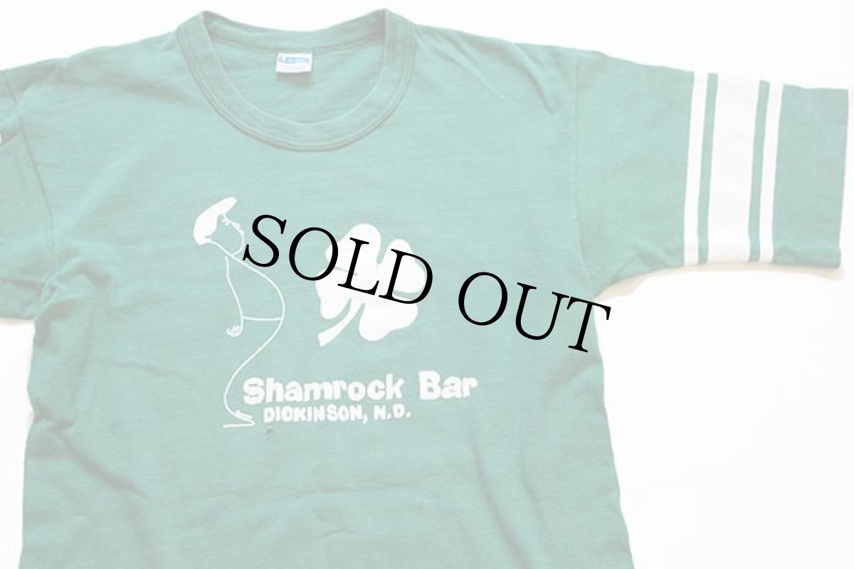 画像1: 70s USA製 Championチャンピオン Shamrock Bar 四つ葉クローバー コットン フットボールTシャツ 緑 M (1)