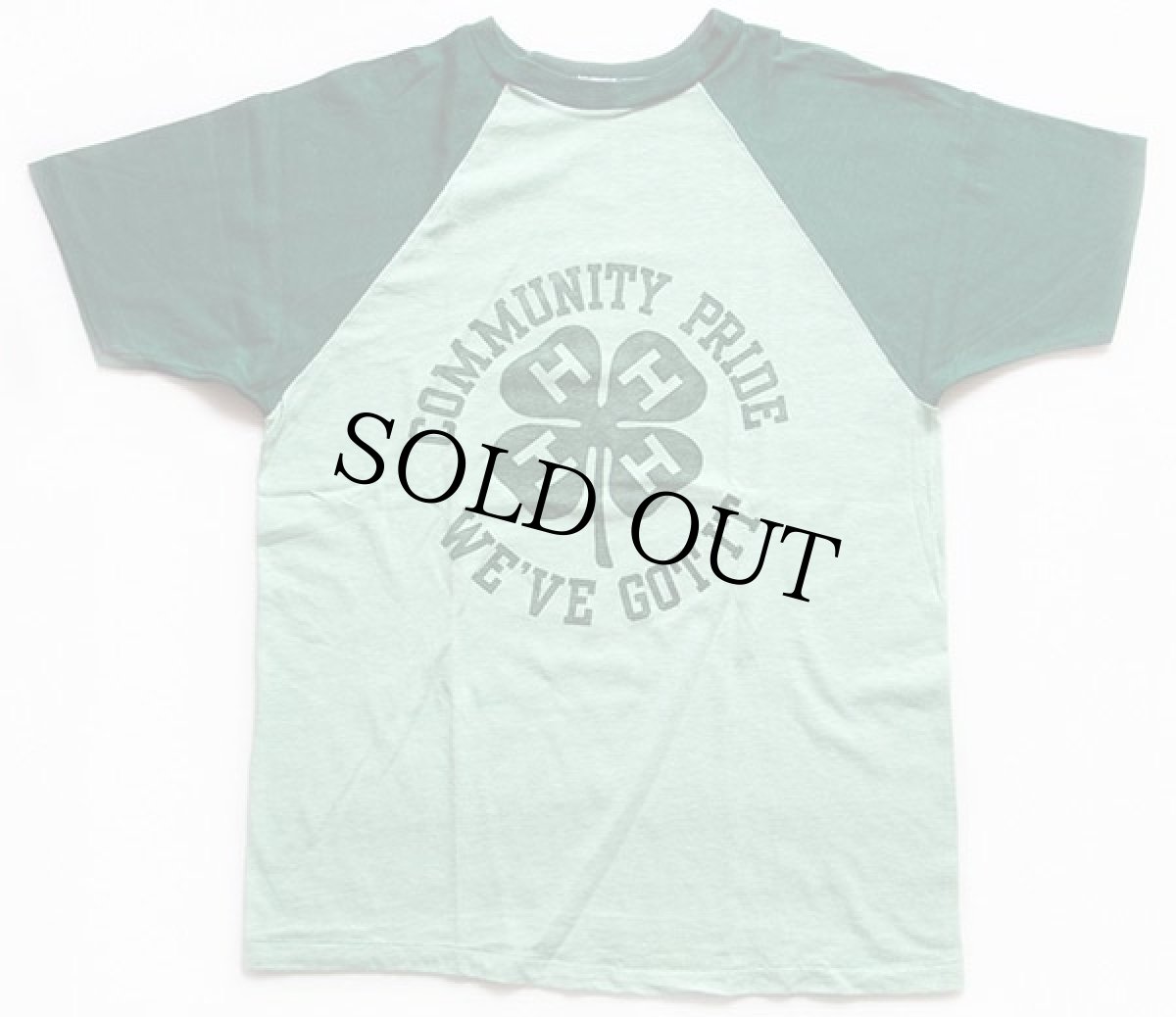 画像2: 70s USA製 Velva Sheen 4H クローバー 染み込みプリント ラグランTシャツ 杢グリーン×緑 M (2)