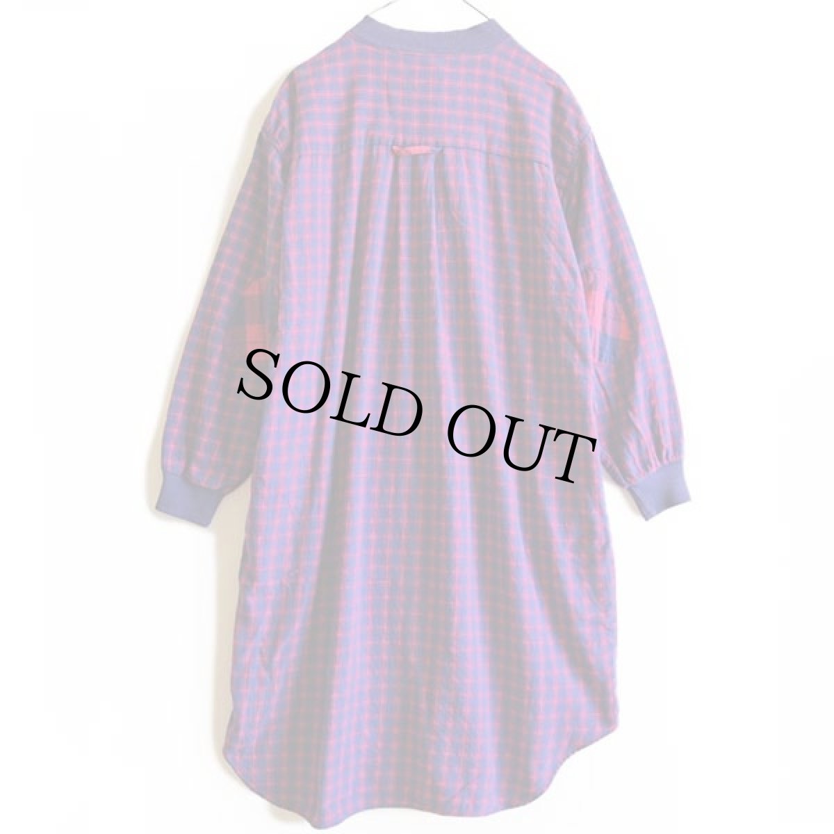 画像2: 90s HONORS チェック ヘンリーネック コットン ライトネル ワンピース 紫×ピンク L (2)