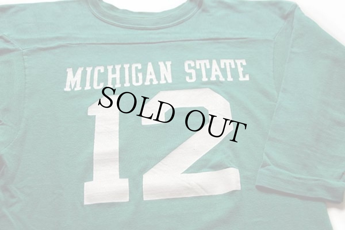 画像3: 70s USA製 Championチャンピオン MICHIGAN STATE 12 ナンバリング コットン フットボールTシャツ 緑 M (3)