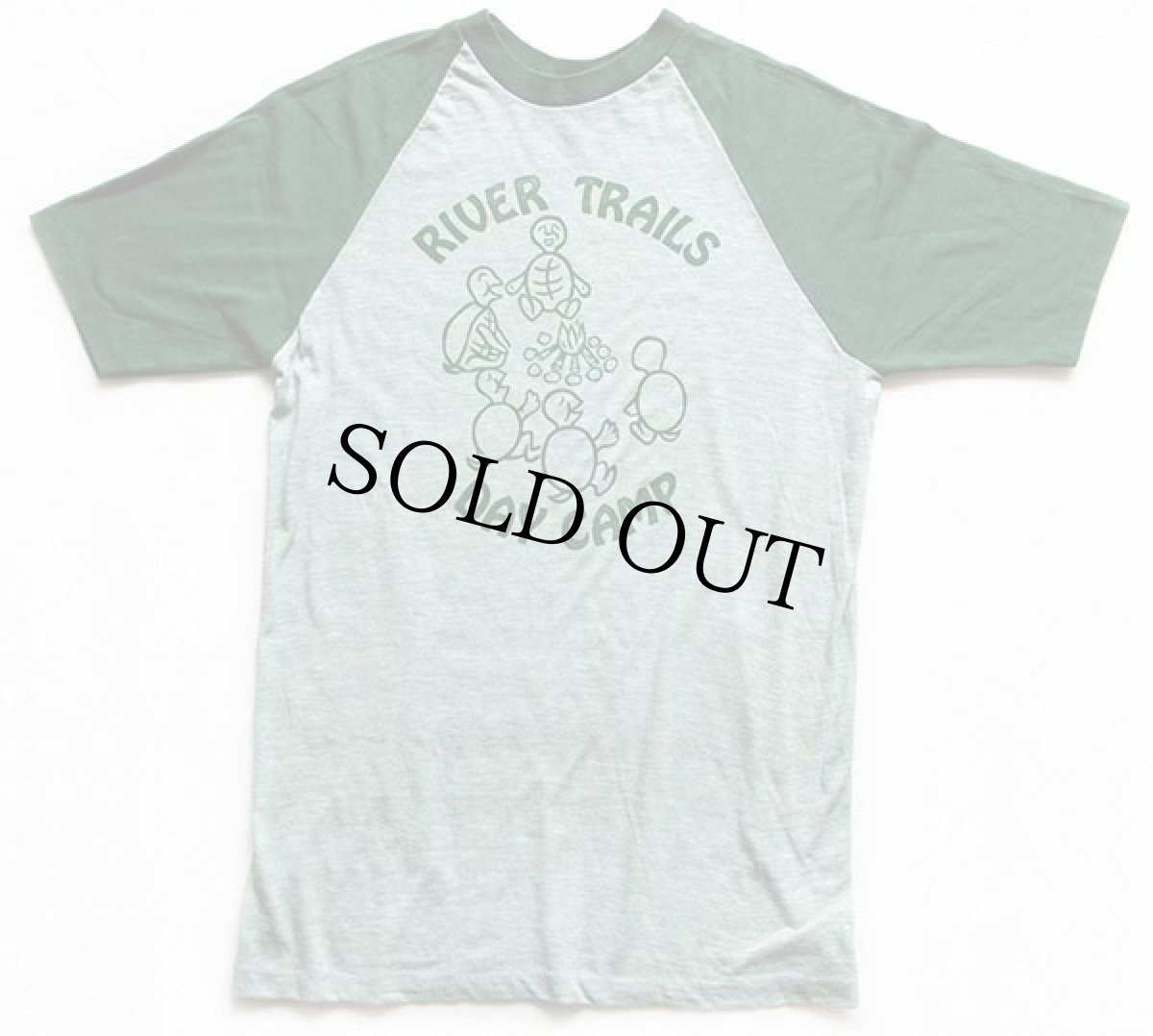 画像2: 70s USA製 Velva Sheen RIVER TRAILS DAY CAMP 染み込みプリント ラグランTシャツ 杢グリーン×緑 M (2)