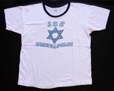 画像2: 70s USA製 Championチャンピオン JCC MINNEAPOLIS 六芒星 染み込みプリント コットン リンガーTシャツ 白×紺 XL (2)