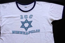 画像1: 70s USA製 Championチャンピオン JCC MINNEAPOLIS 六芒星 染み込みプリント コットン リンガーTシャツ 白×紺 XL (1)