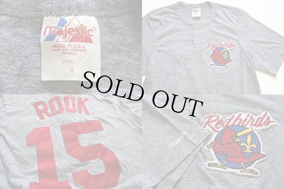 画像4: 90s USA製 Majestic Redbirds ROOK 15 両面パッチ付き ヘンリーネック Tシャツ 杢グレー L (4)
