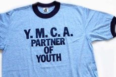 画像1: デッドストック★80s USA製 Y.M.C.A. PARTNER OF YOUTH リンガーTシャツ 杢ブルー×紺 L (1)