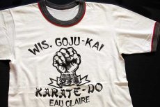 画像1: 80s WIS.GOJU-KAI KARATE-DO 剛柔流 空手道 フェルトプリント リンガーTシャツ ボロ 白×黒×赤 (1)