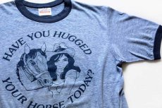 画像1: 80s USA製 Hanes HAVE YOU HUGGED YOUR HORSE TODAY? 両面プリント リンガーTシャツ 杢ブルー×紺 M (1)