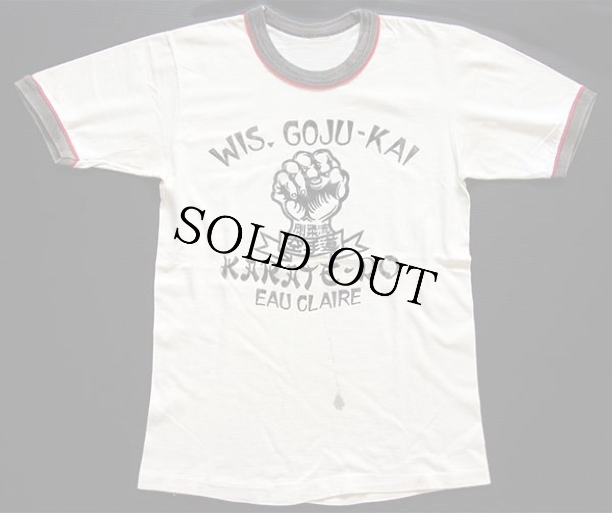 画像2: 80s WIS.GOJU-KAI KARATE-DO 剛柔流 空手道 フェルトプリント リンガーTシャツ ボロ 白×黒×赤 (2)