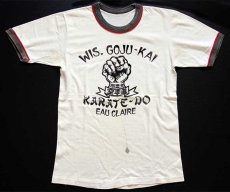 画像2: 80s WIS.GOJU-KAI KARATE-DO 剛柔流 空手道 フェルトプリント リンガーTシャツ ボロ 白×黒×赤 (2)