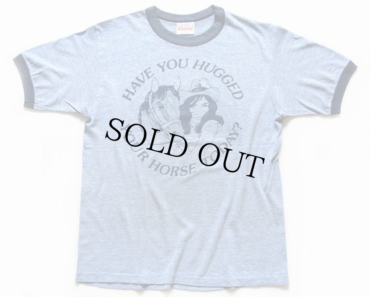 画像2: 80s USA製 Hanes HAVE YOU HUGGED YOUR HORSE TODAY? 両面プリント リンガーTシャツ 杢ブルー×紺 M (2)