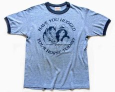 画像2: 80s USA製 Hanes HAVE YOU HUGGED YOUR HORSE TODAY? 両面プリント リンガーTシャツ 杢ブルー×紺 M (2)