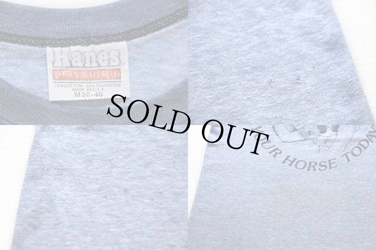 画像4: 80s USA製 Hanes HAVE YOU HUGGED YOUR HORSE TODAY? 両面プリント リンガーTシャツ 杢ブルー×紺 M (4)