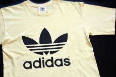 画像1: 90s USA製 adidasアディダス トレフォイル ビッグロゴ 両面プリント コットンTシャツ 薄黄 S (1)