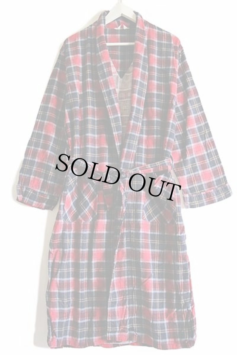 画像2: 60s wings チェック ショールカラー コットン プリントネル ガウン L (2)
