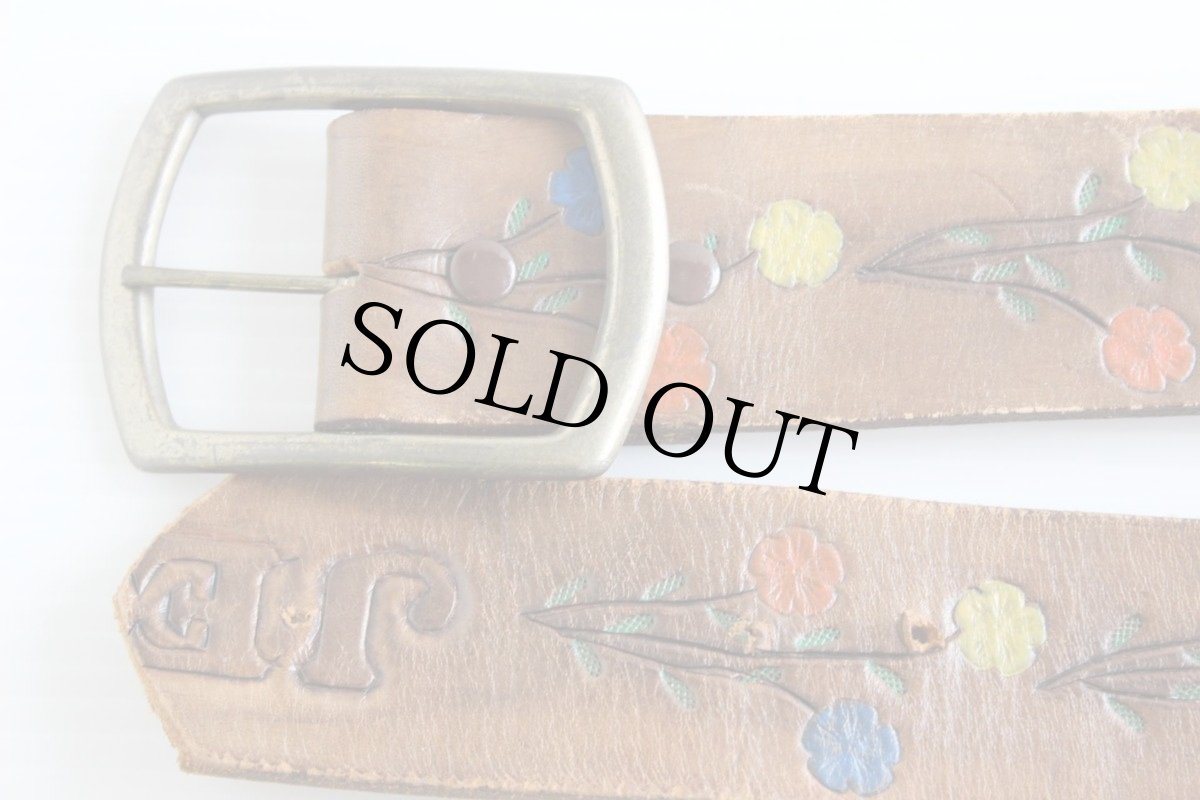 画像2: 70s JEANS 花柄 カービング ペイント レザーベルト 茶★1075 (2)