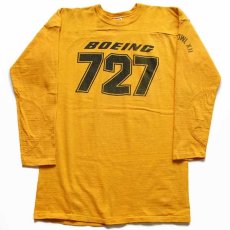 画像1: 70s USA製 MASON BOEING 727 SUPER BOWL 染み込みプリント コットン フットボールTシャツ 黄 L (1)