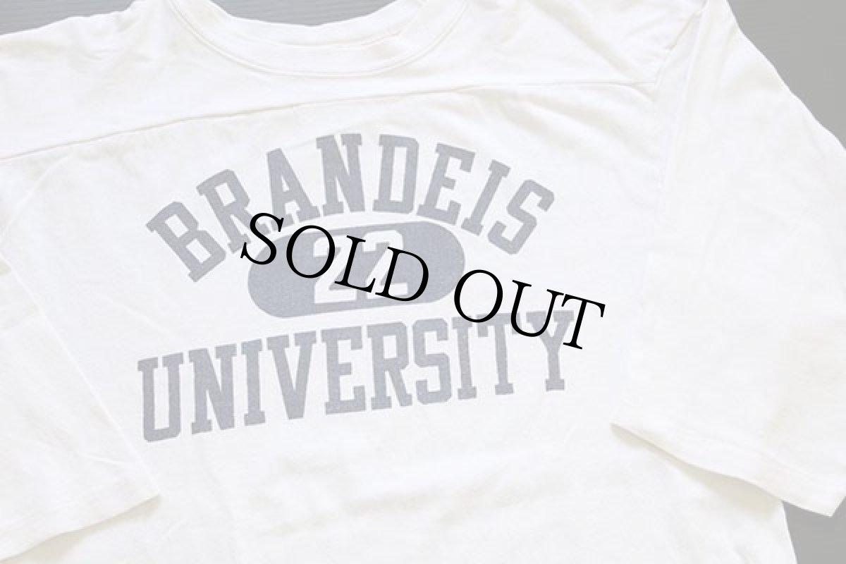 画像3: 80s USA製 Championチャンピオン BRANDEIS 三段中抜き 染み込みプリント コットン フットボールTシャツ 生成り L (3)