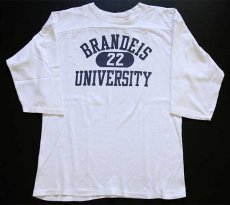 画像1: 80s USA製 Championチャンピオン BRANDEIS 三段中抜き 染み込みプリント コットン フットボールTシャツ 生成り L (1)